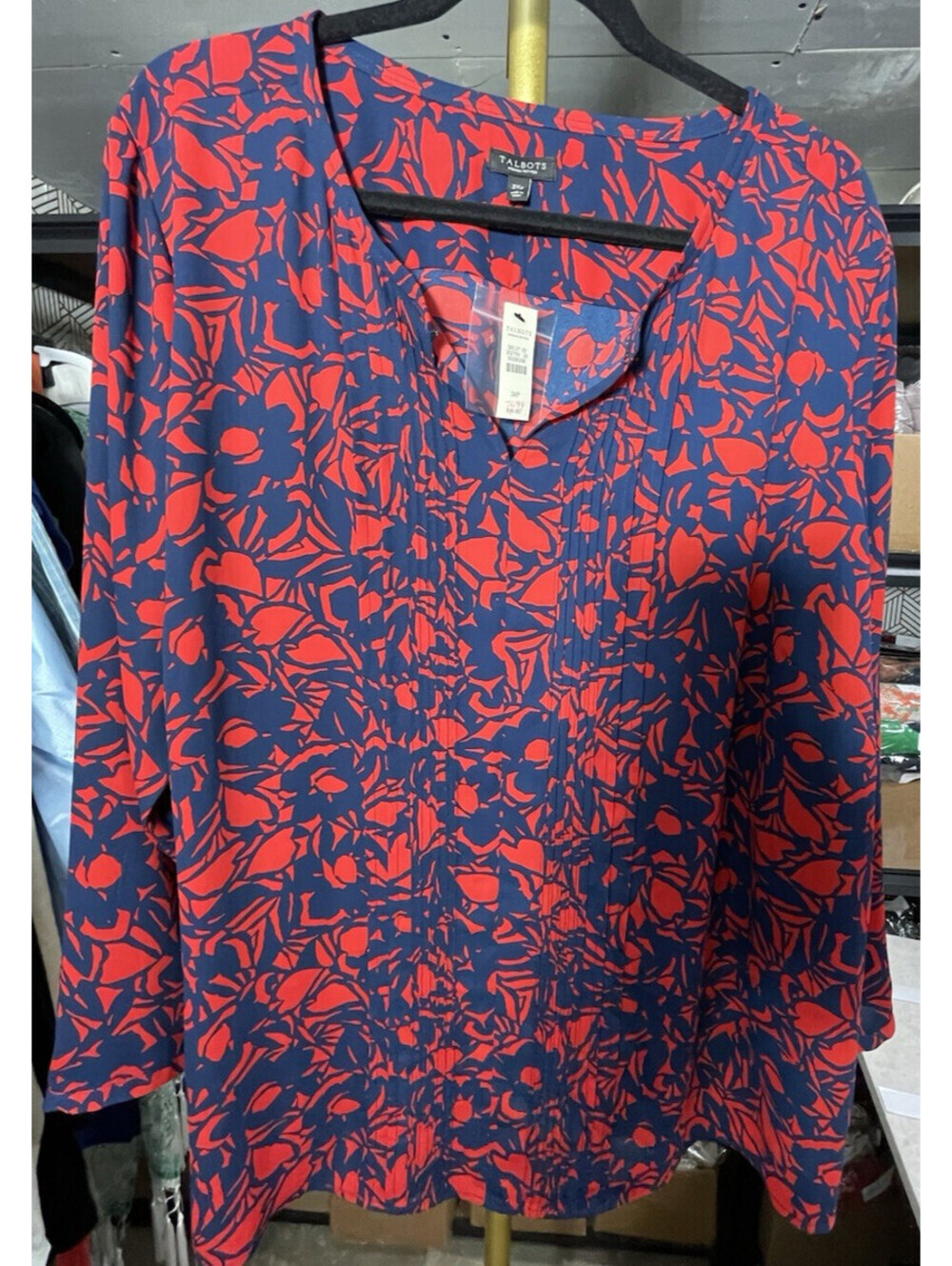 Talbots Blouse 3XP Red Blue Floral Pintuck Lightweight Keyhole Long Slv NWT $99